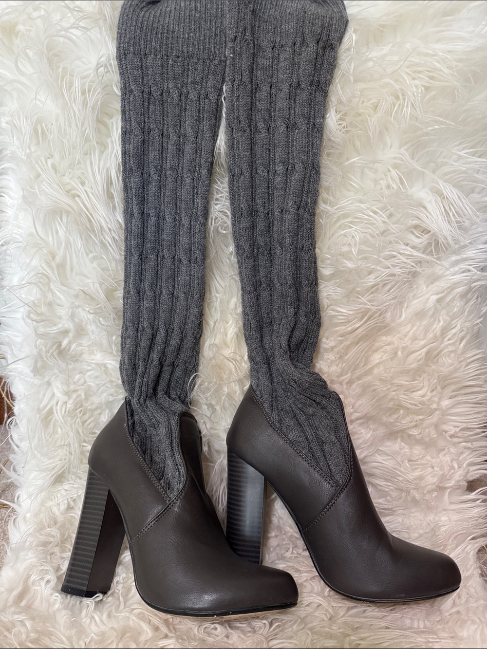 Gray Cable-Knit Over-the-Knee Legwarmers with Dark Gray Heeled Boots